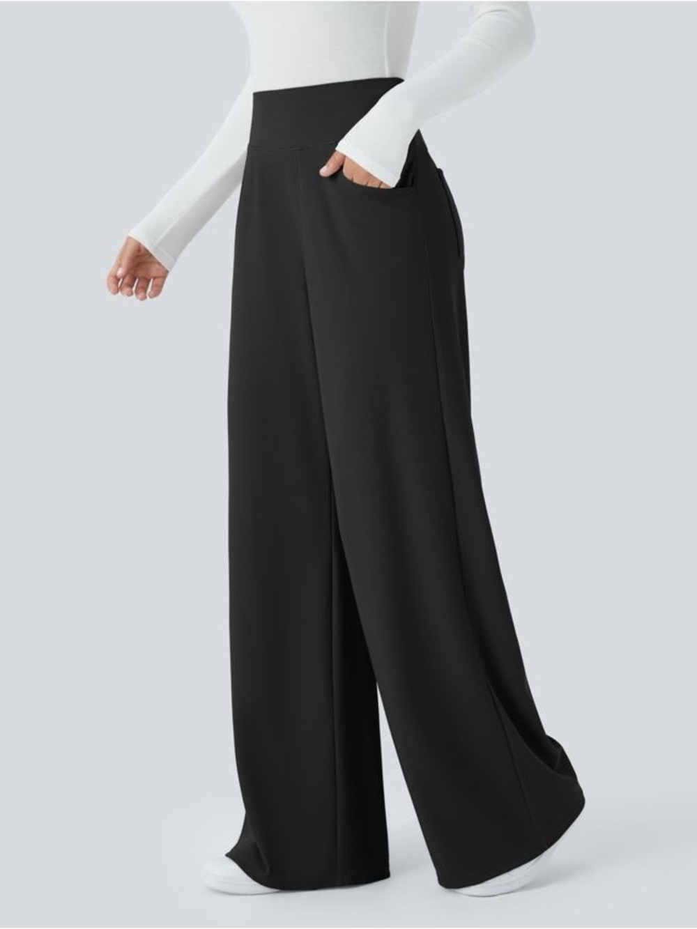 HALARA Large Tall Black Tummy Control Wide-Leg Micro-Waffle Knit Pants